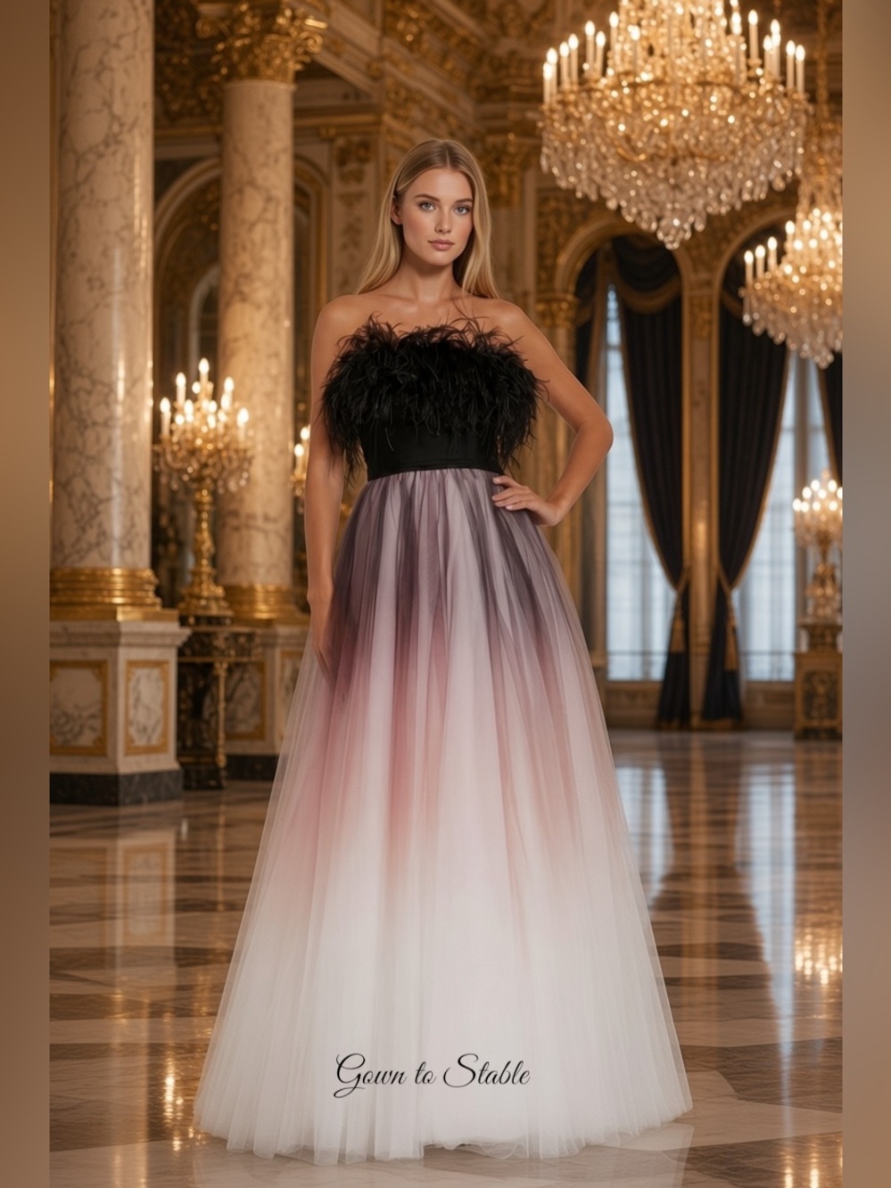 Mac Duggal 20557 Black Ombre Strapless Feather Bodice Tulle Gown